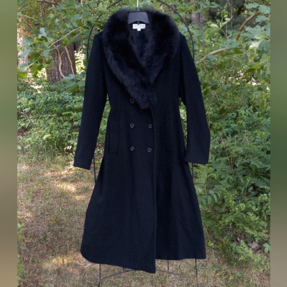 EUC Long Black Wool Double-Breasted Coat w/ Fox Collar, Size ~10/12 (*SEE NOTE*)